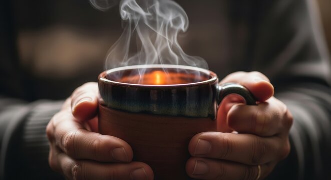 Man holds a steaming mug of hot coffee or tea, enjoying the warmth and comfort.
