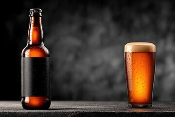 Cold beer bottle and glass on dark background