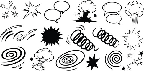 Collection of hand drawn comic book style sound effects and explosions