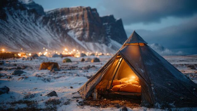 Cozy winter camping adventure unfolds under the aurora borealis, inviting viewers into a world of snowy landscapes and outdoor exploration