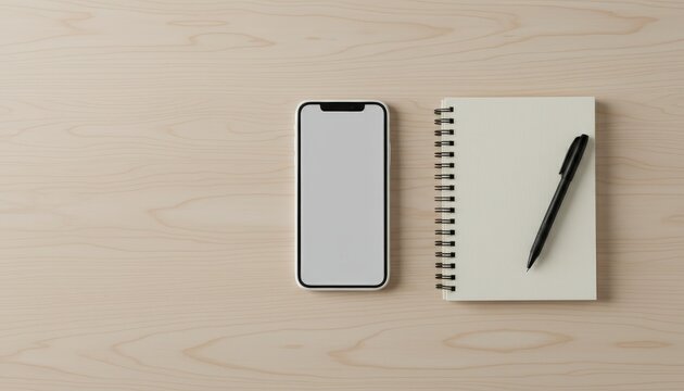 Top down view of smartphone and notebook on clean wooden desk