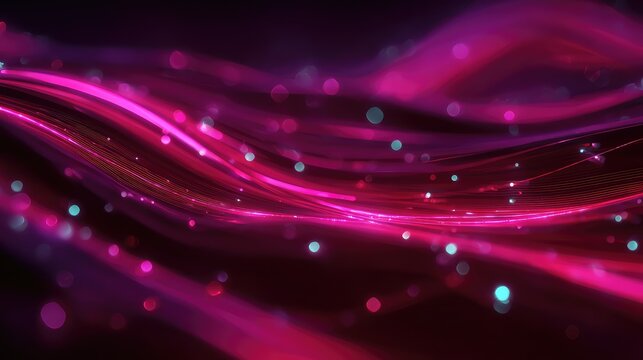 Abstract flowing wave connecting glowing pink and purple particles