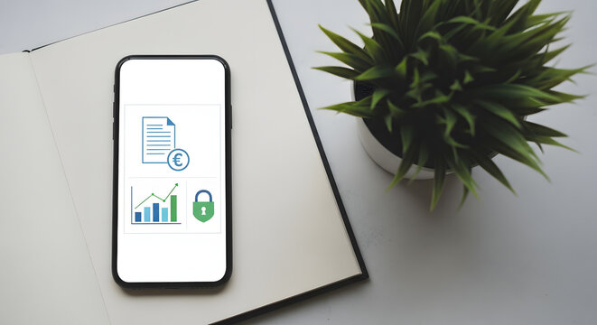 Smartphone displaying financial growth chart and lock icon