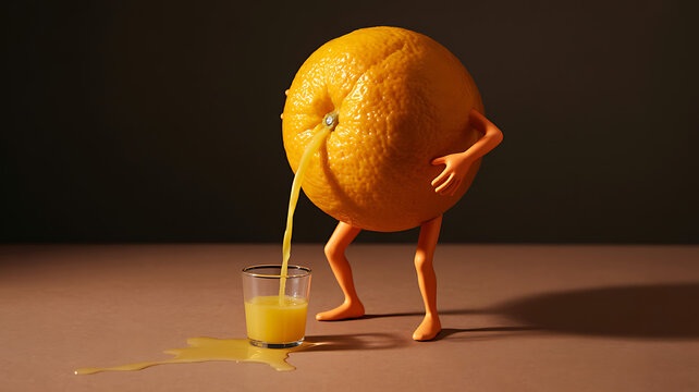 A ripe orange with human legs pours juice into a glass on a table - Powered by Adobe