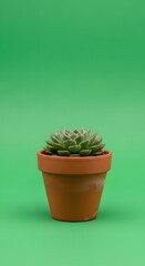 A potted succulent plant with thick, fleshy leaves arranged in a rosette shape, placed against a vibrant green background for a minimalistic and modern aesthetic
