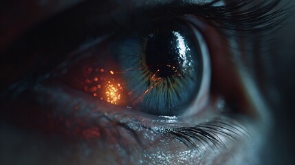 Close-up of a human eye with vivid blue iris and reflections showcasing vibrant colors and light patterns.
