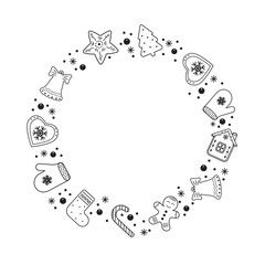 Hand-drawn round Christmas frame in doodle style, black outline.
