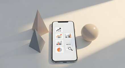 Smartphone displaying financial charts and graphs with geometric shapes