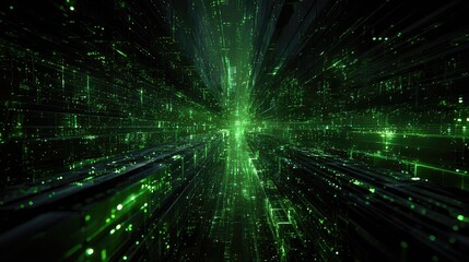 Flying through green digital data stream network