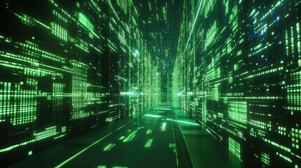 Navigating digital data stream in abstract cyberspace tunnel