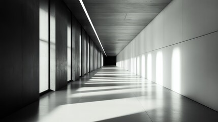 Long minimalist modern hallway with light and shadow patterns