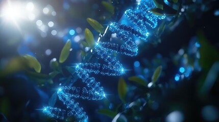 Glowing dna helix structure surrounded by natural elements