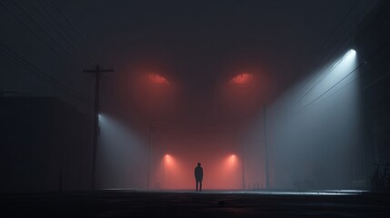 A solitary figure stands in eerie fog, illuminated by ominous red eyes in the misty backdrop, evoking a sense of mystery and suspense.