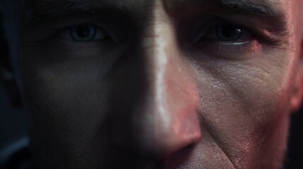 Naklejka premium Close-up portrait of an elderly Caucasian man, capturing intricate details of his skin and expressive eyes.