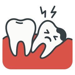 Obraz premium a decayed, painful wisdom tooth pushing against a healthy tooth inside red gums, symbolizing impaction and dental problems
