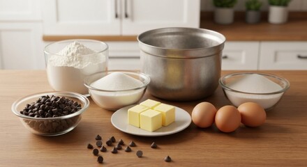 Baking ingredients arranged on a kitchen table. Clear bowls of flour, sugar, and chocolate chips, butter cubes, and eggs sit on a light brown wooden surface.
