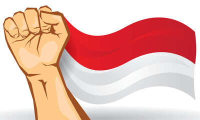 Indonesian national flag flutters in a clenched fist, Red white flag
