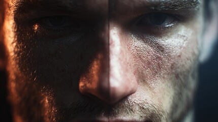 Obraz premium Close-up of a young male with a rugged texture and intense gaze, showcasing contrasting lighting effects.
