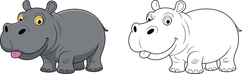 Cute hippo cartoon illustration with colored and outline version, funny hippopotamus character for kids, coloring page, animal mascot vector design