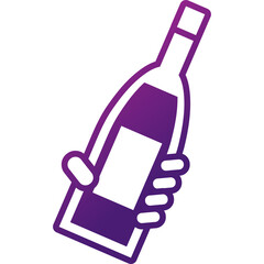 Hand Holding Wine Bottle With Gradient Purple Outline And White Label Against Transparent Background Stylized Icon