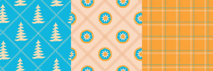 Retro Christmas Seamless Pattern Set. Tree, Star and Plaid in Bright Tropical Colors