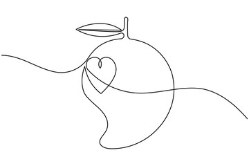 Mango fruit continuous one line drawing on white background minimalist fresh tropical outline vector illustration
