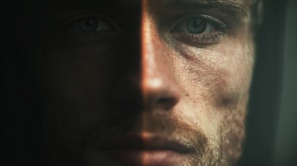 Obraz premium Close-up of a young Caucasian man's face, half-shadowed, revealing deep emotion and texture in his skin.