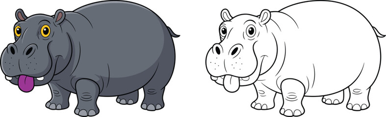 Cute cartoon hippo illustration with colored and outline versions, funny hippopotamus character for kids learning, coloring pages, nursery and animal education
