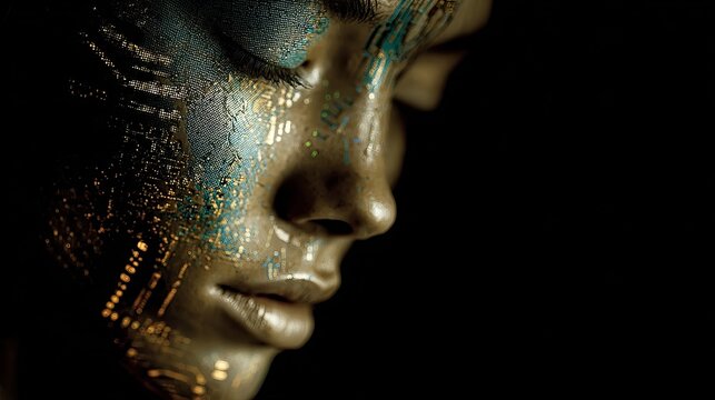 A close-up of a serene female face adorned with intricate circuit patterns, showcasing a fusion of technology and beauty.