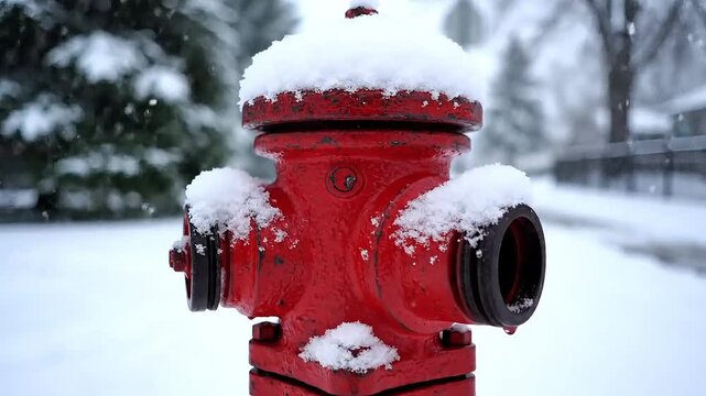 Vibrant red fire hydrant covered in fresh snow on a winter day