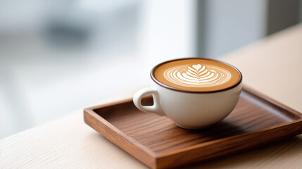 Exquisite latte art coffee cup on wooden tray light-colored desktop for cafe beverage ads