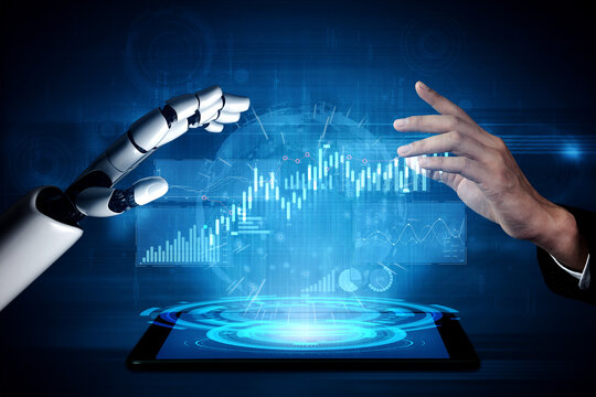 Explore the dynamic interaction between a human hand and a robotic arm, showcasing advanced technology and digital data analytics through a glowing tablet interface. Scalp - Powered by Adobe