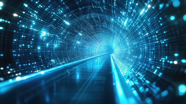 Digital data flowing through abstract light tunnel network