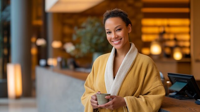 A friendly staff member at a spa reception offering herbal tea and a warm towel as soothing music plays in the background — high-end wellness hospitality, calming customer experience, and premium