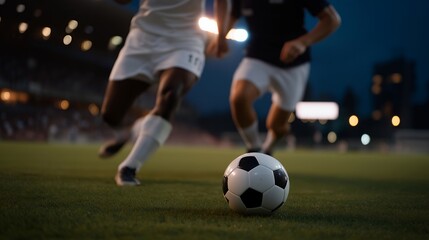 Modern digital advertising banners glowing around the field during an evening match — futuristic visual for promotion of sponsorship opportunities, technology integration, and brand visibility