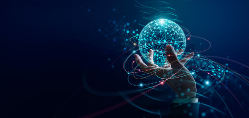 Abstract, Big data network and AI technology, Deep learning and algorithm, Innovative and Data science, Businessman touch a data flow on global network and Fast connection. The world is in your hands.