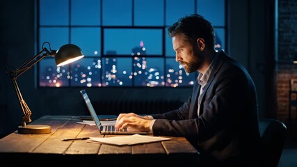 Man works on laptop in dimly lit office with city view. Background shows illuminated cityscape through large window. Desk features lamp and papers. Scene highlights modern work environment.