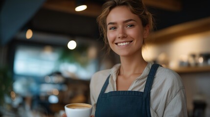 A friendly staff member in a cozy café placing a freshly made latte on the counter with a warm greeting, steam rising in soft morning light — inviting coffee culture, customer comfort, and