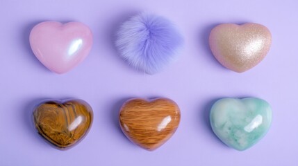 Obraz premium Six heart-shaped objects arranged in two rows against a purple background, featuring glossy pink, fluffy lavender,