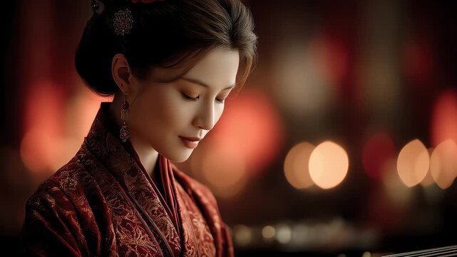 Beautiful Moment of Tang Dynasty Lady Playing Zither