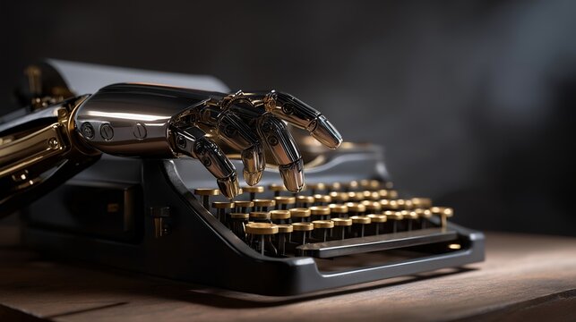 Close-up of a sleek robotic hand with polished metal fingers typing on a dusty vintage typewriter, gears and ink ribbons contrasting with futuristic design — a striking visual metaphor for