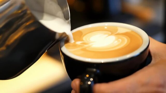 Barista pours milk forming latte art into coffee cup, indoors, for cafe marketing or restaurant menus