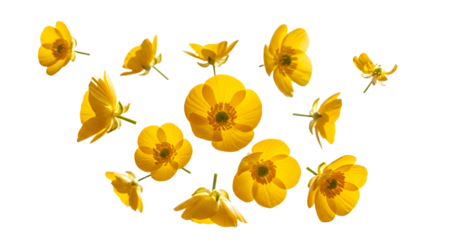 Vibrant yellow buttercup flowers scattered artistically on a pure white background, showcasing their delicate petals and a cheerful essence of spring and natural beauty