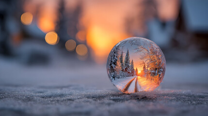 Crystal clear christmas ornament on snowy winter evening