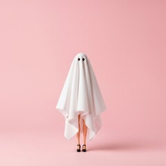 Fashion doll ghost in white sheet on pastel pink background, minimal Halloween concept