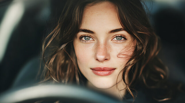 young woman inside car practicing steering and looking into camera representing driving lessons license training confident beginner road safety and modern driving lifestyle