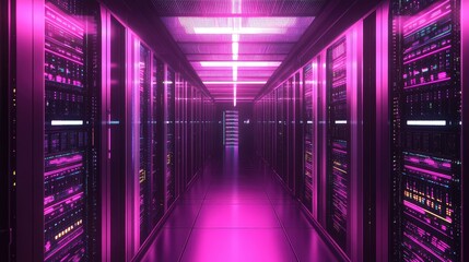 Server room corridor displaying large scale computing infrastructure