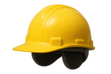 Yellow hard hat with hearing protection, representing workplace safety and construction industry protection