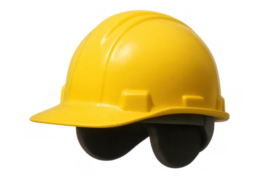 Yellow hard hat with hearing protection, representing workplace safety and construction industry protection
