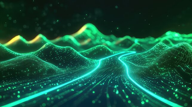 Digital landscape with glowing green data flowing